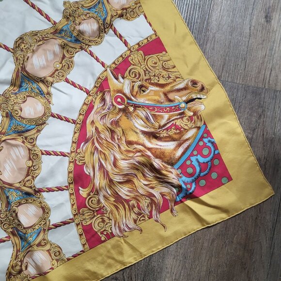 VTG AC Andre Claude Canova Carousel of Horses Silk Scarf Gold Colorful Old Money - Picture 2 of 9